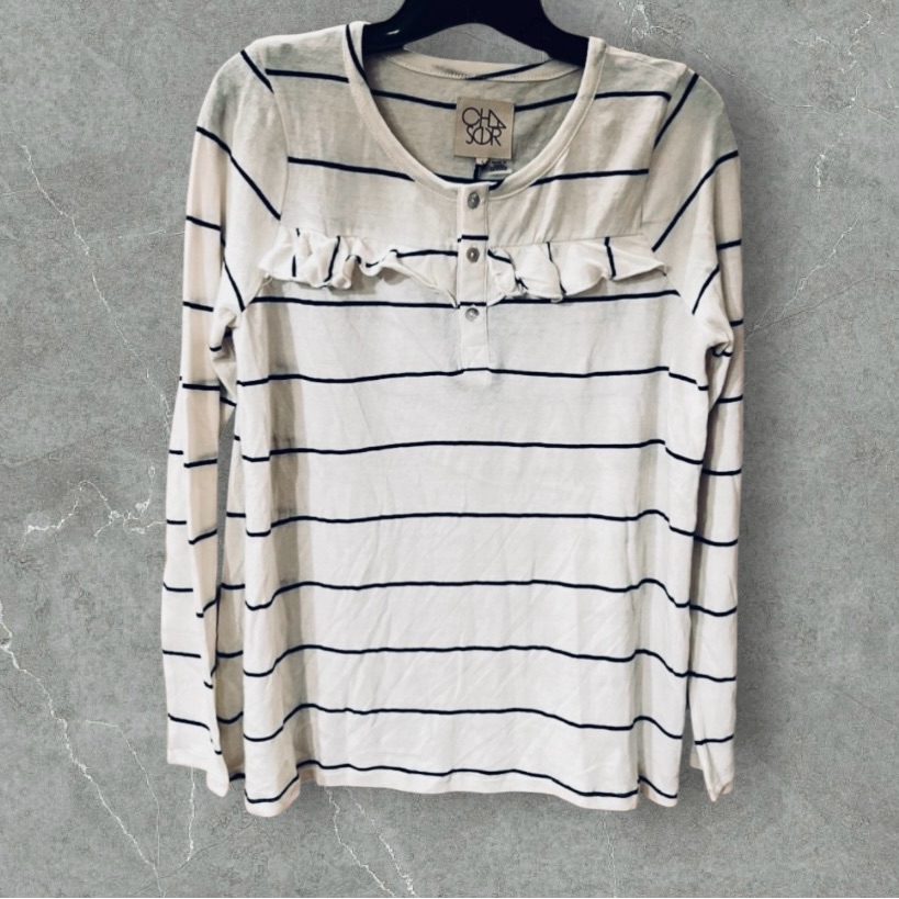 Nwt Chaser Striped & Ruffled Henley Long Sleeve Top